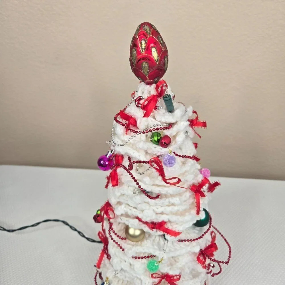 Vintage 80s Crochet Handmade White Christmas Tree Red Ribbons Ornaments Lights U
